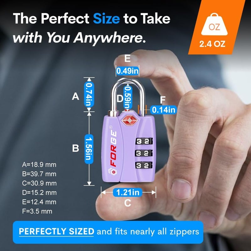 Forge Luggage Locks TSA Approved 4 Pack Purple, Small Combination Lock with Zinc Alloy Body, Open Alert, Easy Read Dials, for Travel Suitcase, Bag, Backpack, Lockers. - Image 4